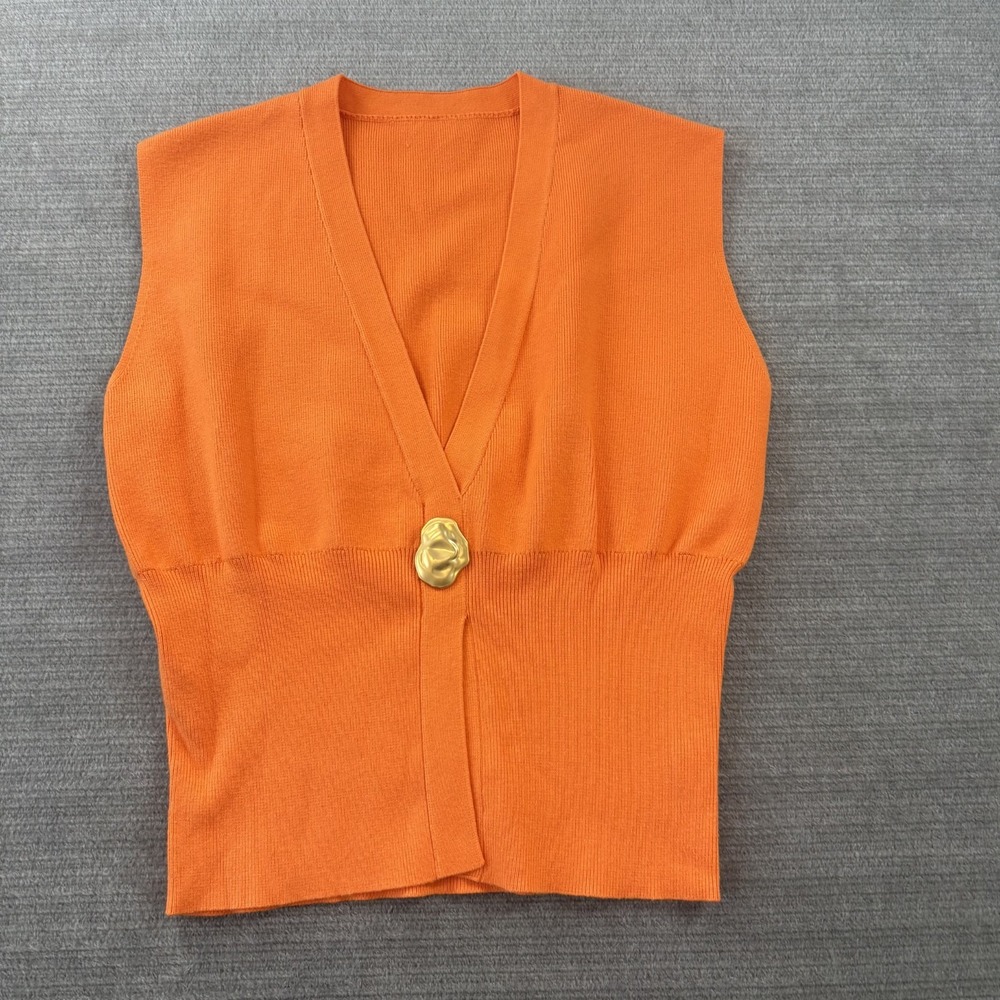Commense Cardigan Vest Women M Orange Classic Office Metal Button Stretch V Neck